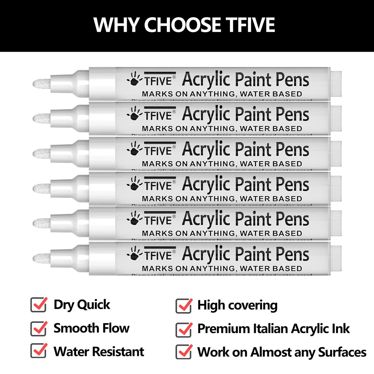6 Pieces White Acrylic Paint Marker Pens - 2-3mm Medium Tip, Permanent White Water Based Paint Pen for DIY Projects, Paintings for Rock, Fabric, Wood, Leather, Metal, Ceramics, Paper, Glass, Plastic